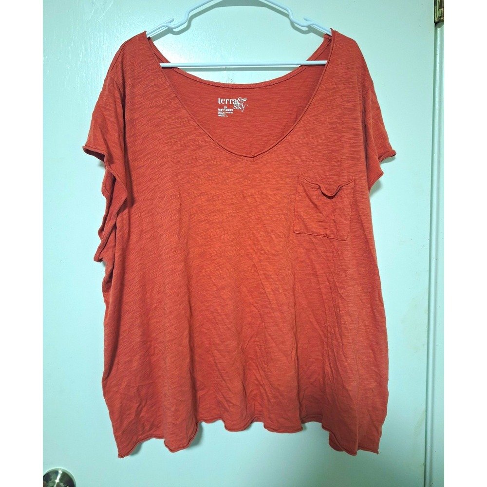 Terra & Sky Women's Plus 3X (24W-26W) Coral Orange V-Neck Pocket T-Shirt Tee